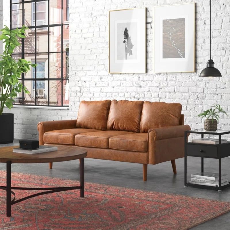 LEGACY OF COMFORT Ainsley 73” Faux Leather 3-Seat Sofa with Tufted Back Three Seater Sofa for Living Room Guest Room Hotels Office (Brown)