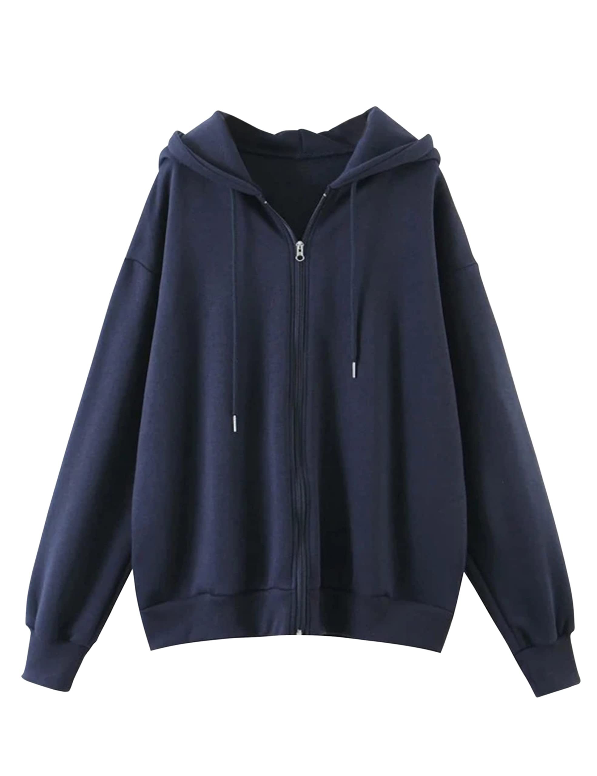 Meladyan Women Oversized Solid Zip Up Hoodie Drawstring Hooded Long Sleeve Fleece Vintage Sweatshirts Jackets Pockets 90s