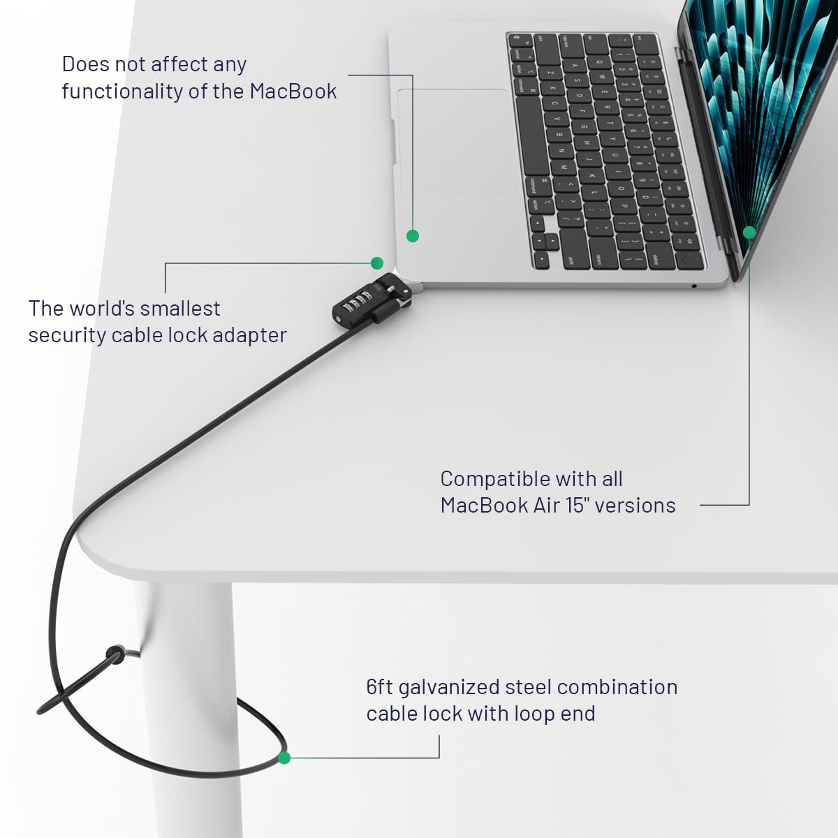 Compulocks Ledge Lock Adaptateur pour MacBook Air 15" M2-M4 avec câble antivol à combinaison Argenté
