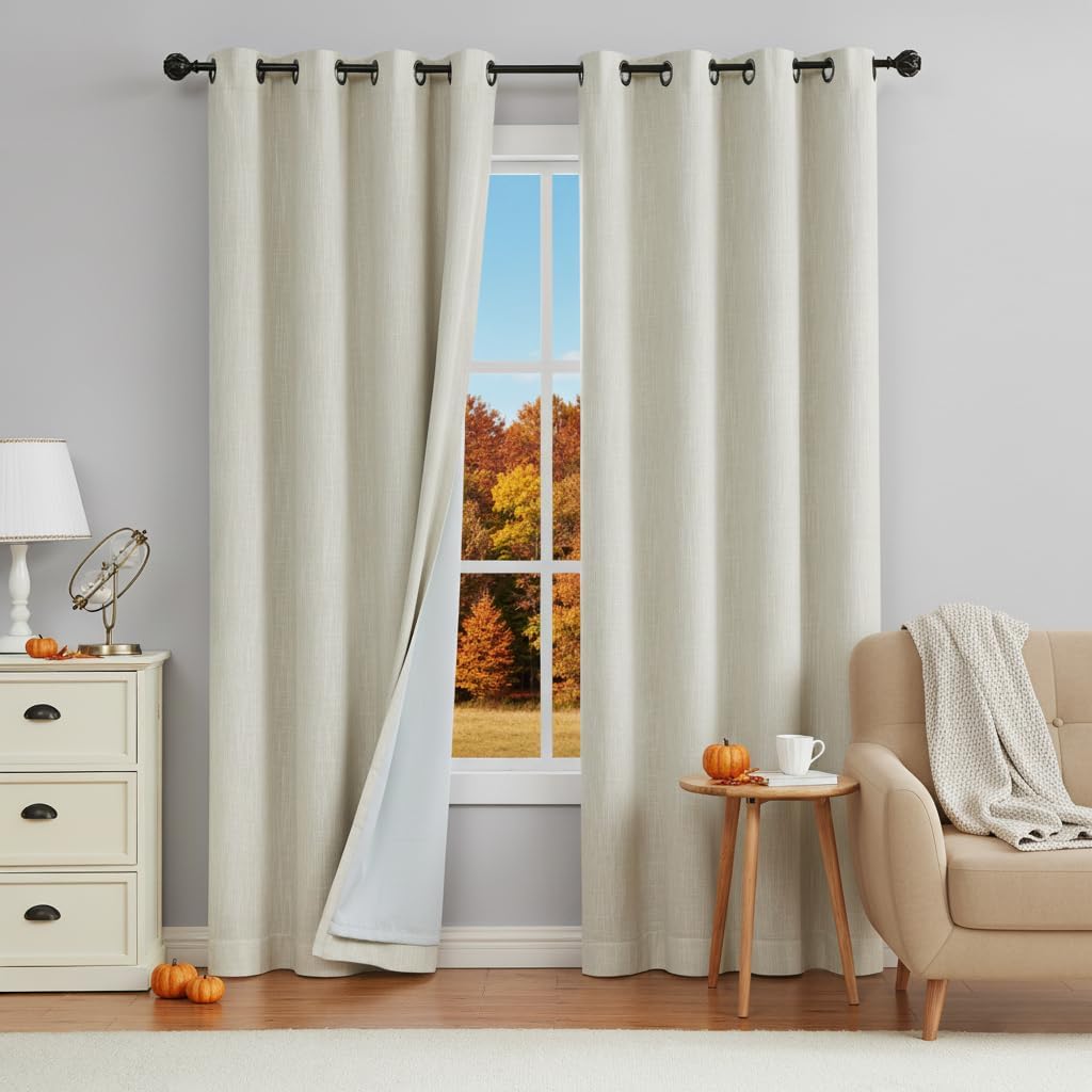 Beige Solid Full Blackout Curtain Heavy Linen Texture Window Treatment for Bedroom Thermal Insulated Noise Reduction Drapes 8 Grommets Top for Living Room with Liner, Beige, 50" x 84", 2 Panels