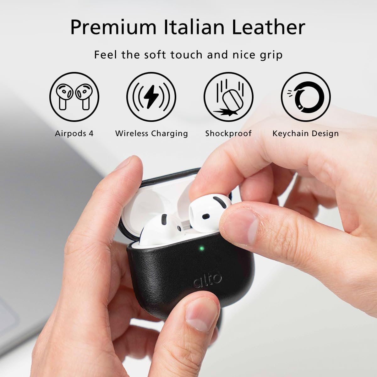 Alto Case for AirPods 4 with Keychain, Italian Leather Case Cover Compatible AirPods 4nd Generation Women Men Protective Hard Shell Supports Wireless Charging Front LED Visible (Raven Black)