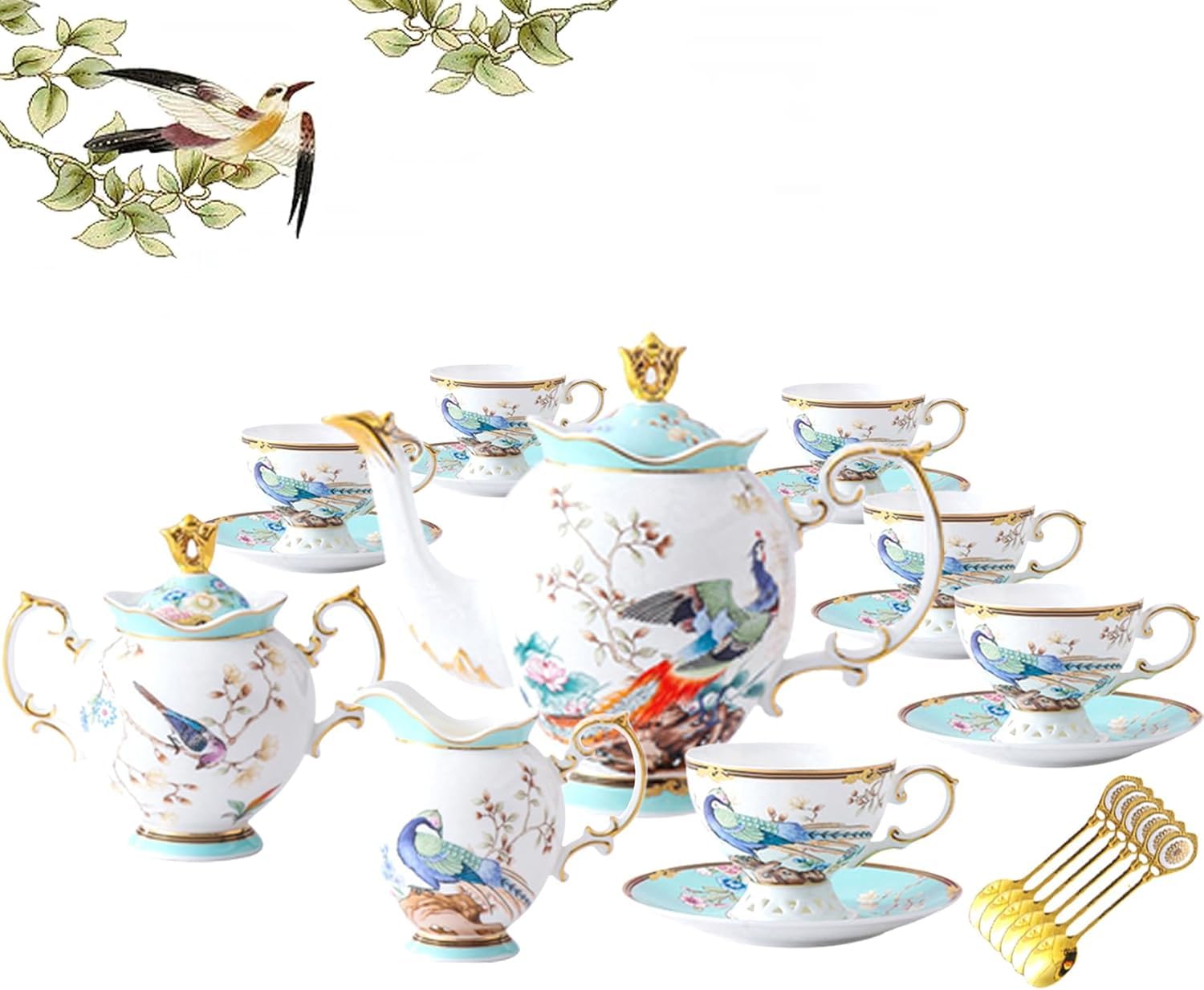 ACMLIFE Fine Bone China Tea Set with Teapot, Porcelain Tea Sets for Adults, 21-Piece Vintage Tea Set for 6, 24K Gold Blue English Floral Bone China Tea Sets for Women Tea Party for Christmas Gifts