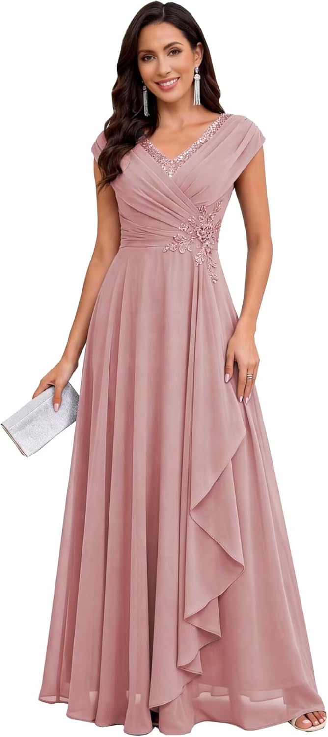 Chiffon Mother of The Bride Dresses Long Floor Length Lace Appliques A Line Formal ...