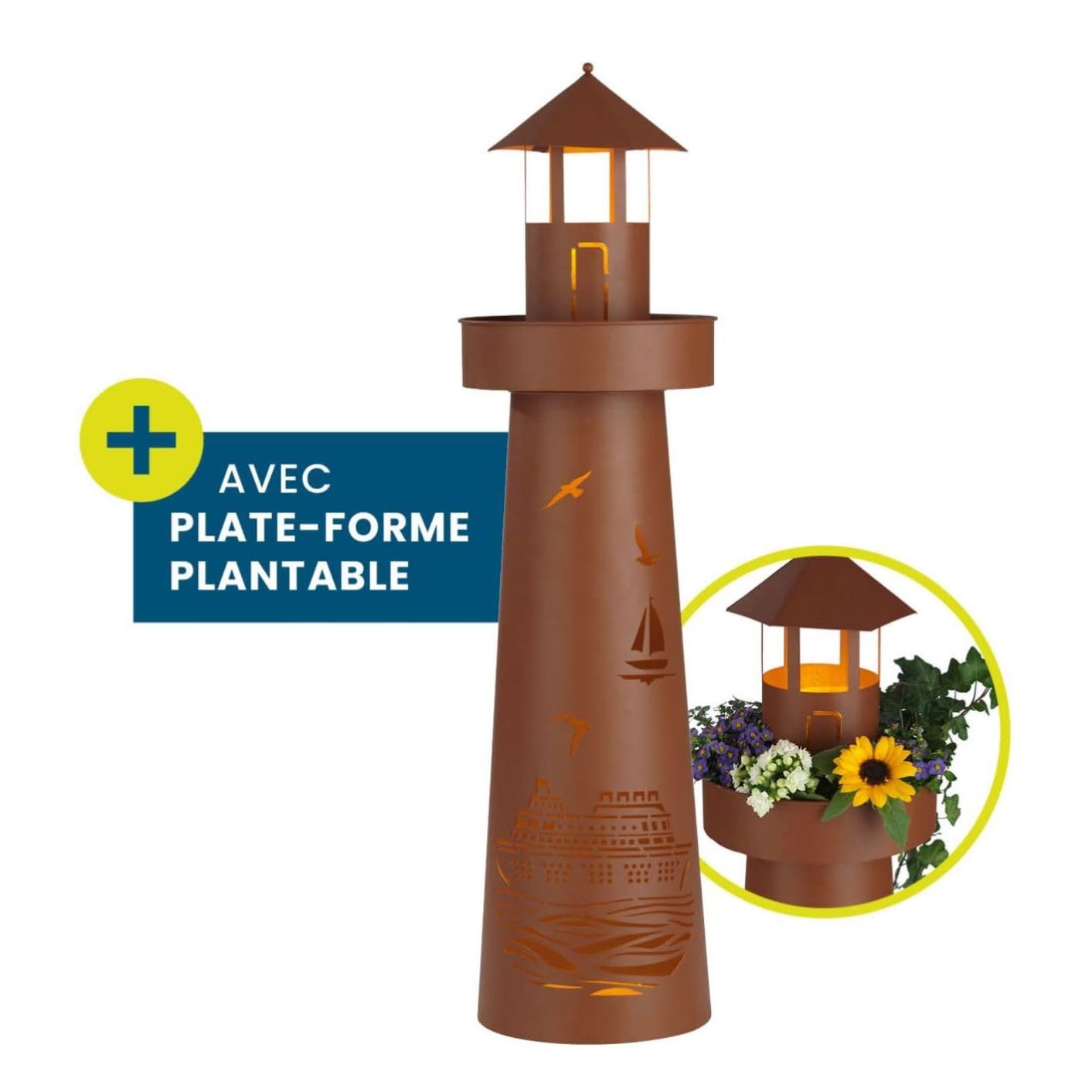 Hoberg Colonne de plantes LED | Design phare | Aspect rouille | Convient pour l'intérieur et l'extérieur | Eclairage LED | Minuterie 6h | Sans fil | Avec bac à plantes | Hauteur env. 80cm