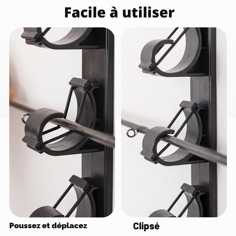MiOYOOW Support de Canne à Pêche, Porte Canne à Pêche Mural avec Pinces Antidérapantes, Ratelier Mural Horizontal pour 6 Cannes, pour Combos, Garage, Bateaux