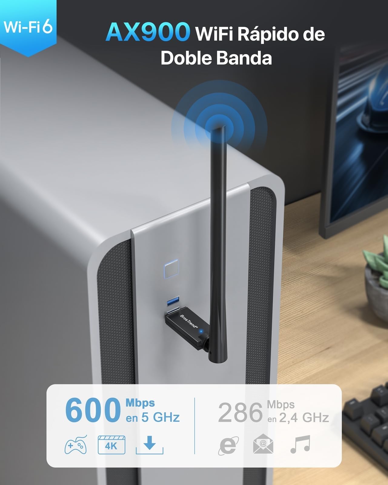 BrosTrend USB WiFi 6 AX900, Largo Alcance 6dBi Antena WiFi PC, Adaptador Wi-Fi para PC Doble Banda 5GHz 600Mbps + 2.4GHz 286Mbps, Señal Potente Inalámbrico Receptor Wi-Fi USB para Windows 11/10/7