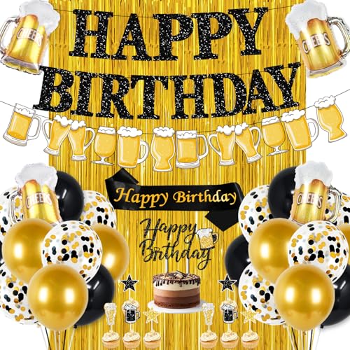 Black and Gold Birthday Decorations 45PCS Happy Birthday Balloons Decorations for Men with Balloons Banner Sash Foil Fringe Curtain Black and Gold Party Balloon Decoration Supplies for Men Boys
