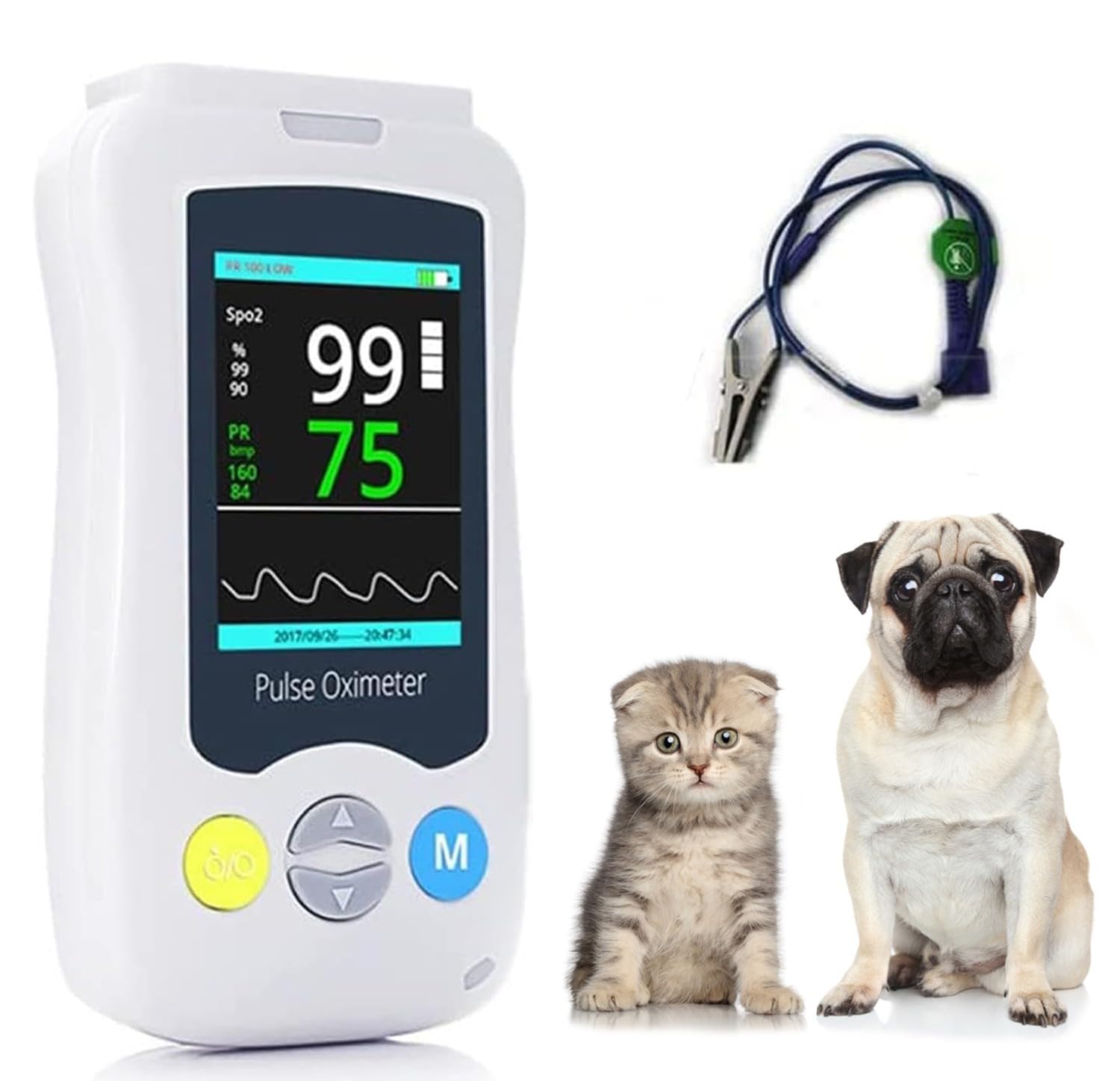BLUEZY Pulsossimetro Veterinario, Schermo da 2,4 Pollici Pulsossimetro Veterinario Portatile, Sonda Sensore Orecchio/Lingua, per Spo2, per Cani, Gatti, Animali Domestici