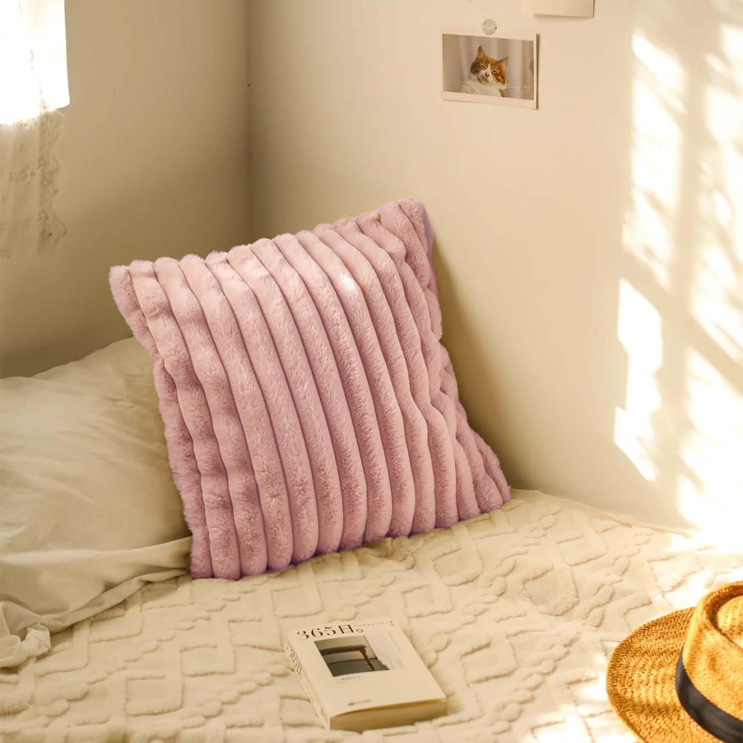 2PCS Double-Sided Faux Fur Plush Throw Pillow Covers, Solid Color Hot Pink 18x18 Inch Soft Striped Couch Pillow Cases for Couch Sofa Bed (Hot Pink, 18"x18")