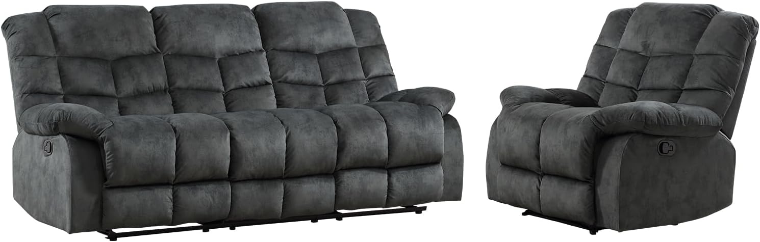 EBELLO Manual Recliner Couch Set, Soft Fabric Reclining Living Room Sofa Set, Included Single Recliner Chair and 3PC Bonded Sofa Couch, Grey Green
