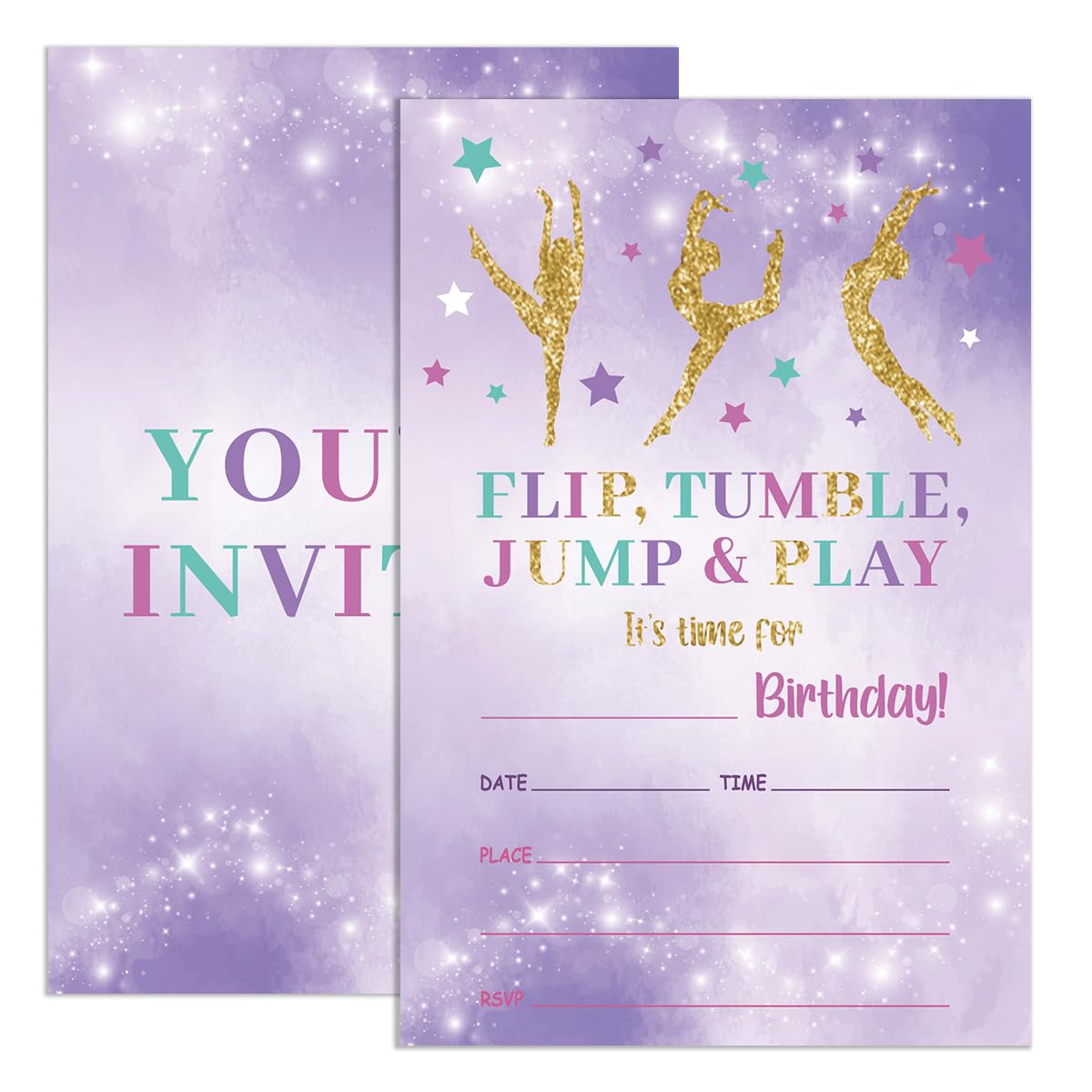 UDNADKEX Gymnastics Birthday Invitations Girl with Envelopes, Invites for Girls Gymnastics Themed Birthday Party, Gymnastics Purple Birthday Party