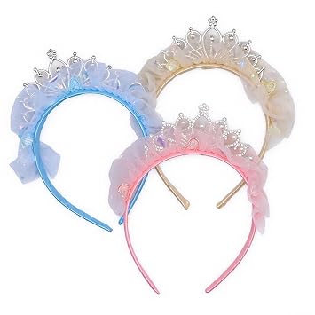 3 Pcs Toddler Princess Crown Headband,Cute Tulle Pearl Fairy Crown,Stretch Rhinestone Girl Crown Headband for Girls Birthday Party PromsRandom Color