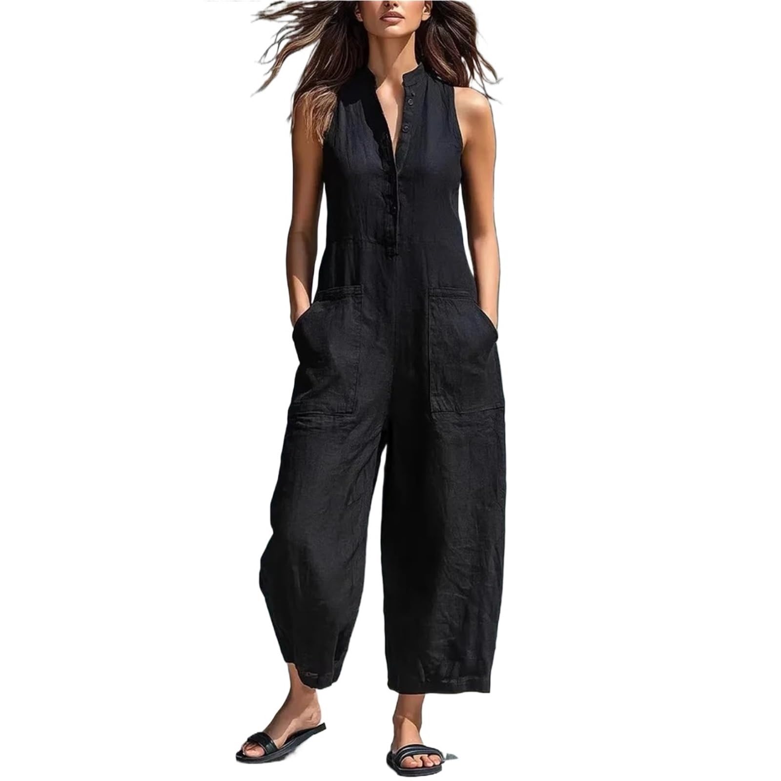 Tuta Intera in Lino da Donna Tuta in cotone e lino da donna colletto alla coreana senza maniche tasca a vita alta gambe larghe tute pendolare casual