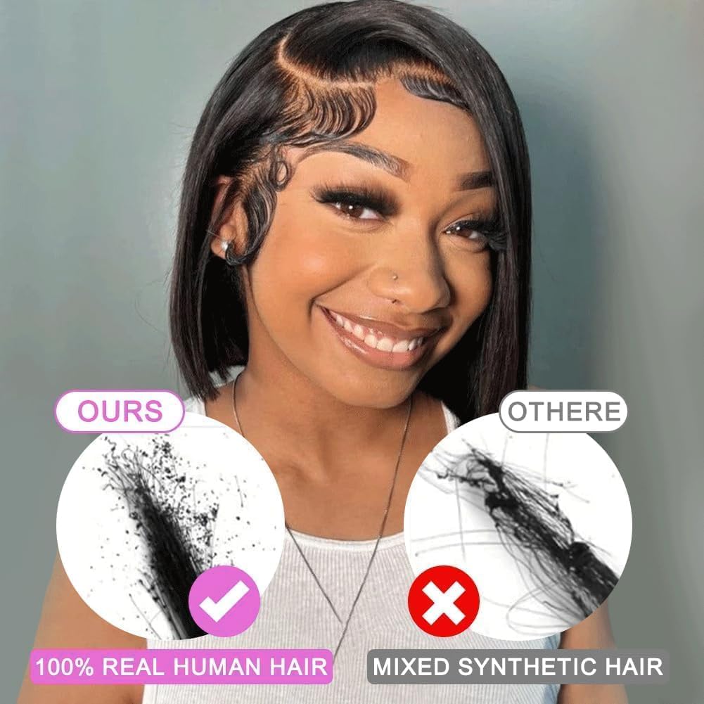 Short Bob Wig Human Hair 13x4 HD Lace Front Wigs for Women 180% Density 100% Brazilian Virgin Straight Bob Human Hair Wig Glueless Pre Plucked Natural Black Color 12 Inch