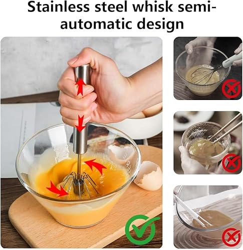 Miniatura 5 de Batidor de huevos de acero inoxidable, batidora de mano semiautomática, batidora giratoria de huevos, espumador de leche manual y agitador para