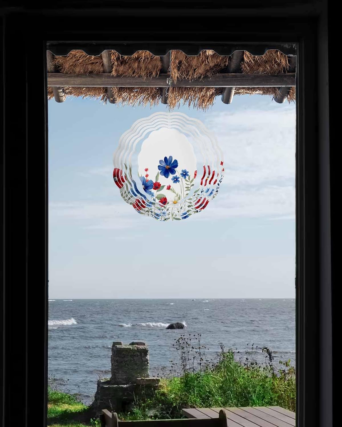 Independence Day Red Blue Flowers Wind Spinner for Garden Yard 3D Stainless Steel Hanging Wind Spinners, Patriotic Plants Spinners Outdoor Metal Decor for Lawn Patio Home