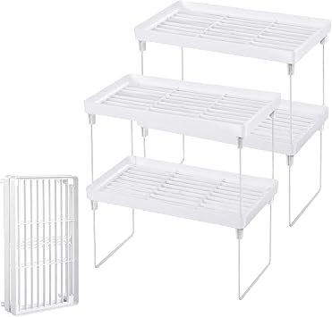 4-Pack Stackable Kitchen Storage Shelves, Foldable Cabinet Organizer Rack, Expandable Pantry Shelf Organizer for Countertop, Cupboard, Spice Storage, Dish Rack 4pack White