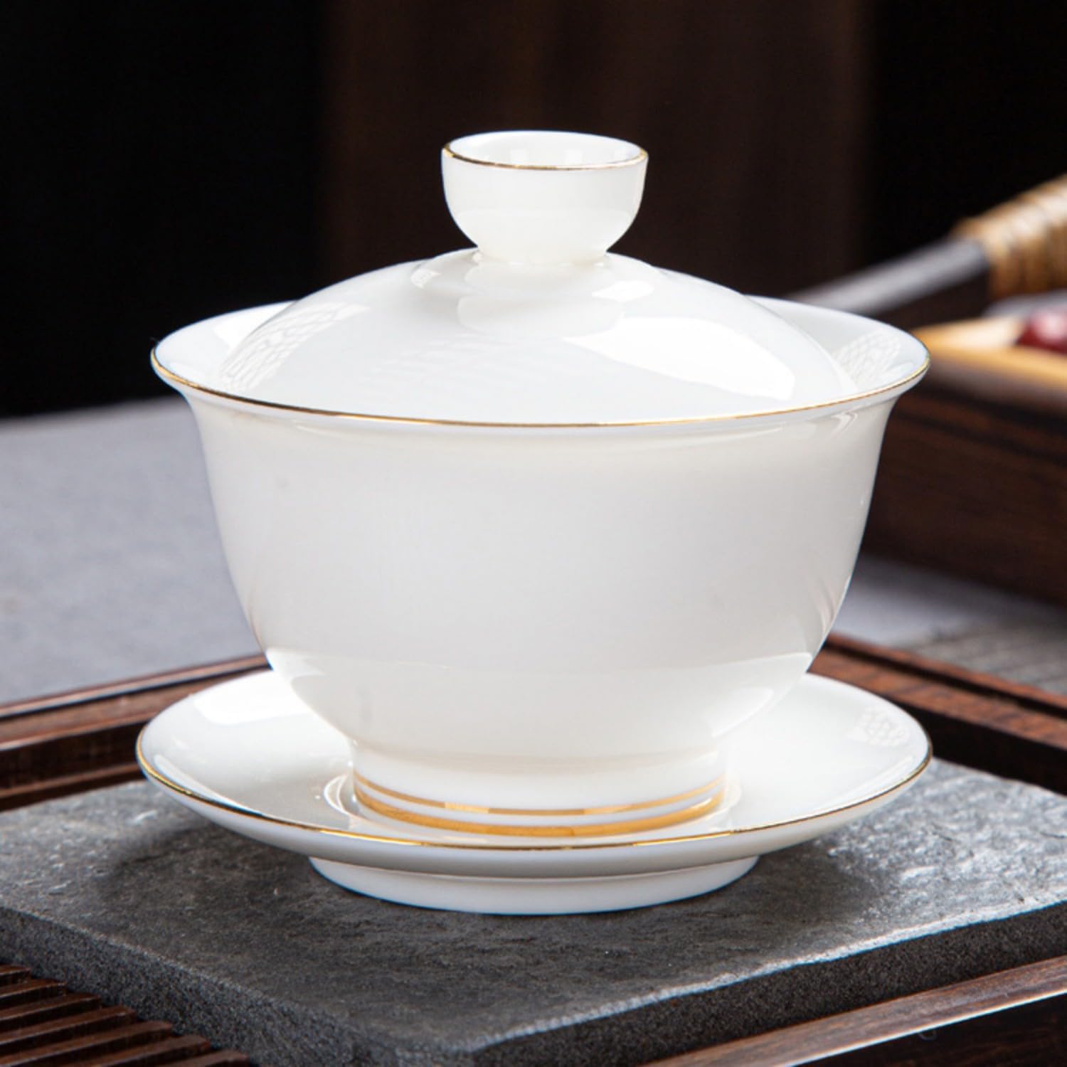 羊旨玉三才盖碗功夫大号茶楼纯白青 Ceramic Kung Fu Tea Set,teapot,Teacups,warming Wedding Birthday Gift,Tea Tray Chinese,Dishwasher Safe 羊旨玉盖碗-纯白