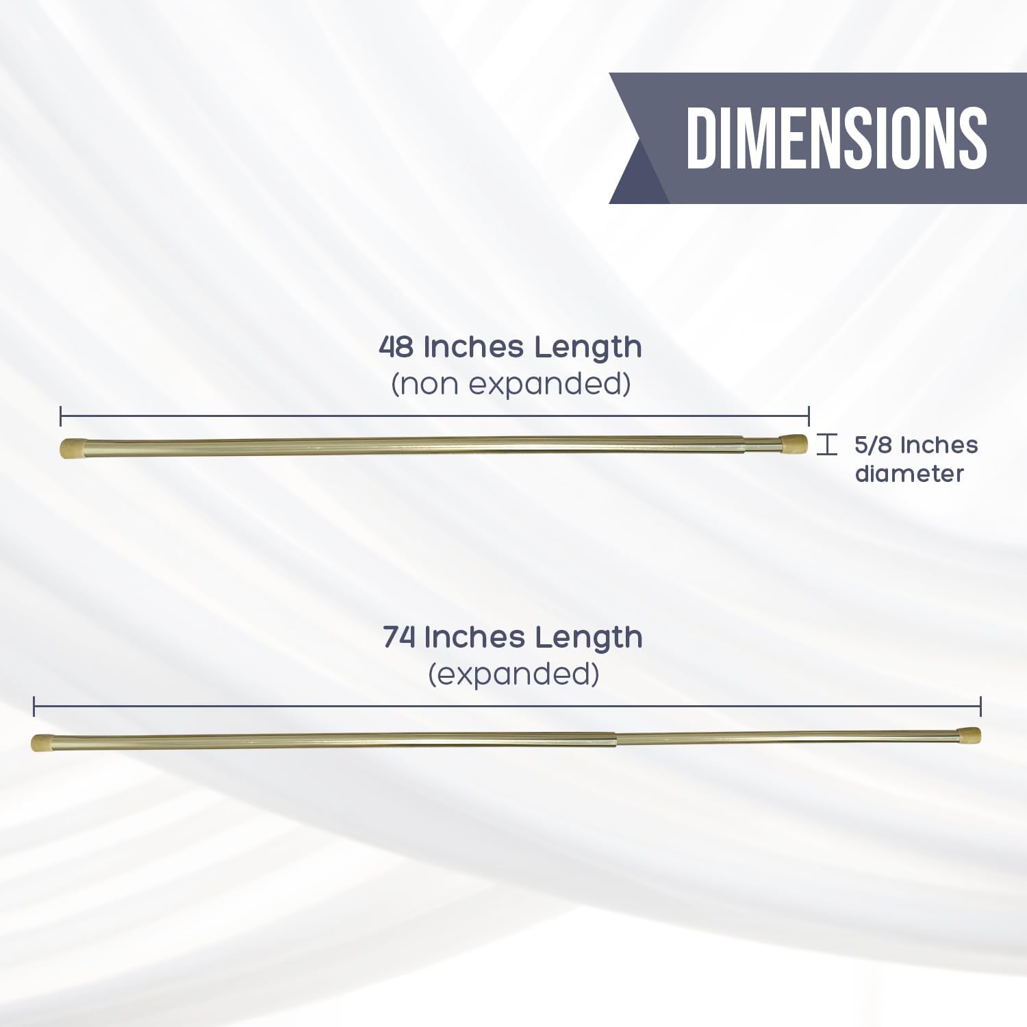 Amazing Drapery Hardware 5/8 Inch Brass Spring Tension Rods, Set of 2 - Adjustable Length 48-74 Inches - Twist to Fit Curtain Rods for Doors, Windows, and Small Spaces