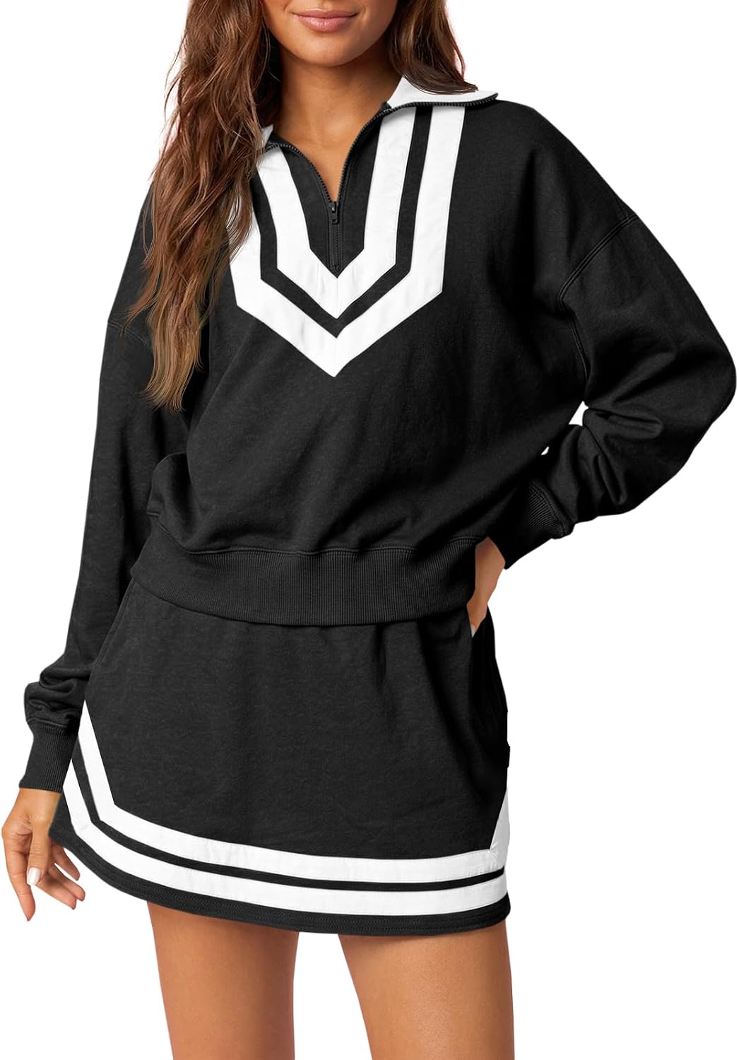 Fisoew 2 Piece Sets for Women Athletic Tennis Skirt Set Casual Sweat Sets | Half Zip, Running, Athletic, Skort Set, Long Sleeve, Matching Sets, Sweatsuits, Lounge Set