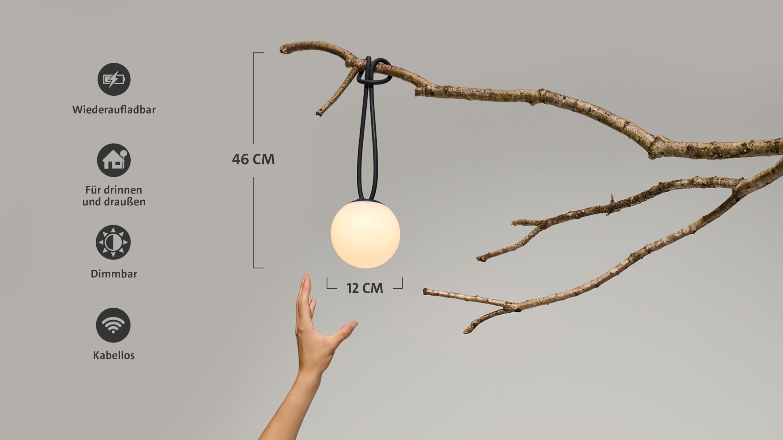 Fatboy Bolleke Mini la Surprise Hängelampe Ø 12 cm - Akku Pendelleuchte | USB Aufladbar für bis zu 20 Stunden, Dimmbar, IP55 Kugellampe Für Drinnen & Draußen, 2700K, 3 Lichtstufen, 34 cm Schlaufe