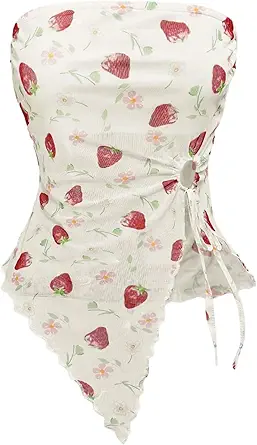 WDIRARA Women's Strawberry Print Crop Tube Top Mesh Asymmetrical Ruffle Bandeau Top