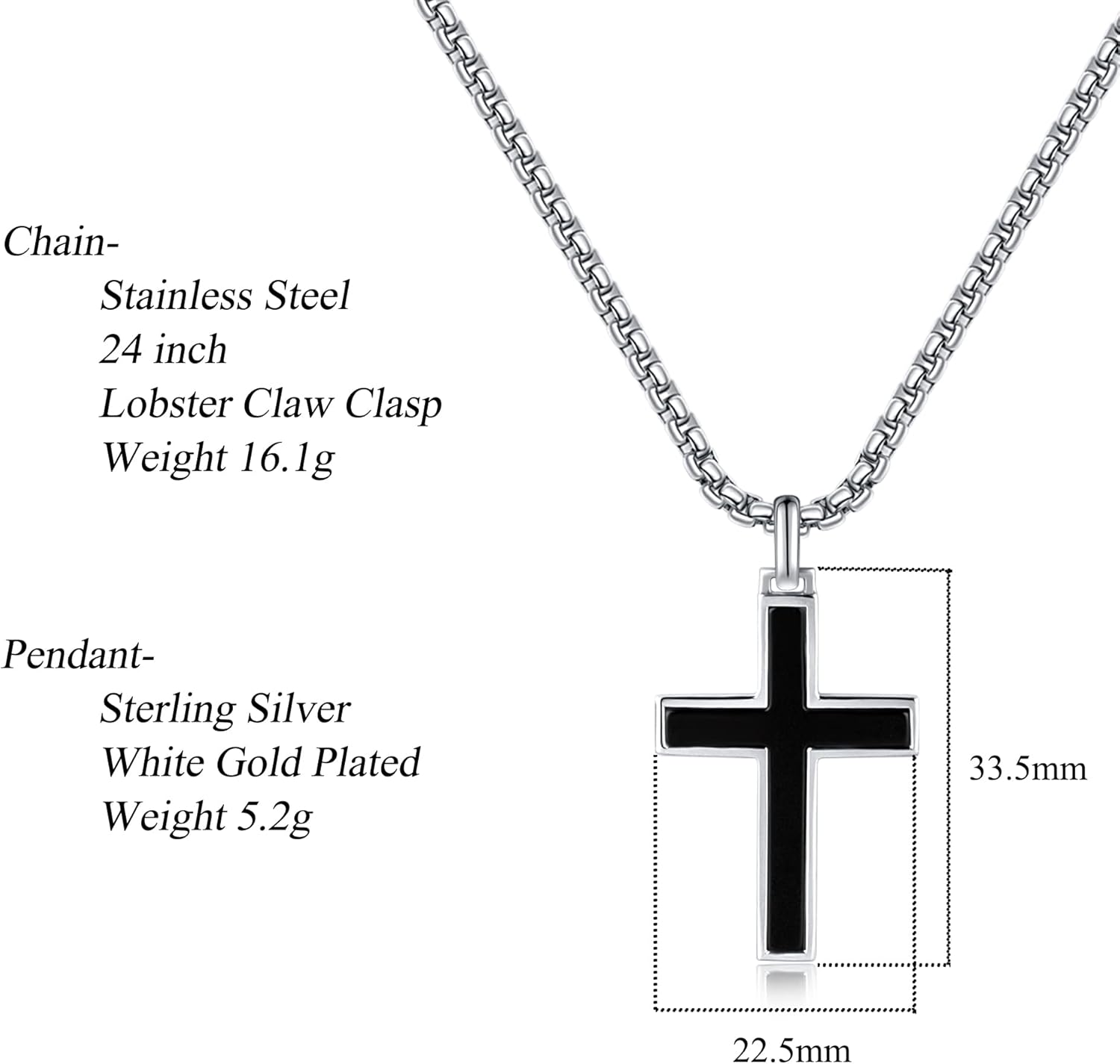 FANCIME White Gold Plated 925 Solid Sterling Silver Polished Black Men's Womens Crucifix Cross Pendant Long Fine Jewelry Valentines Day Gifts for Him,Stainless Steel Box Chain Length 24'' - Image 2