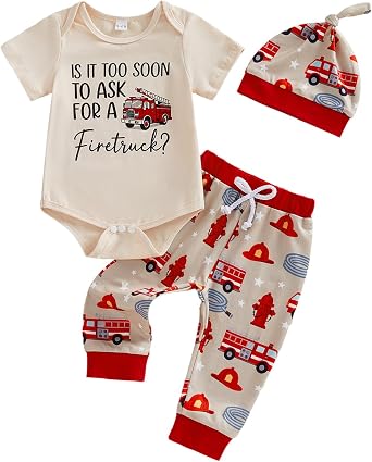 3Pcs Newborn Baby Boy Clothes Is It Too Soon To Ask For A Fire Truck Short Sleeve Romper Pants Set Firefighter Outfit