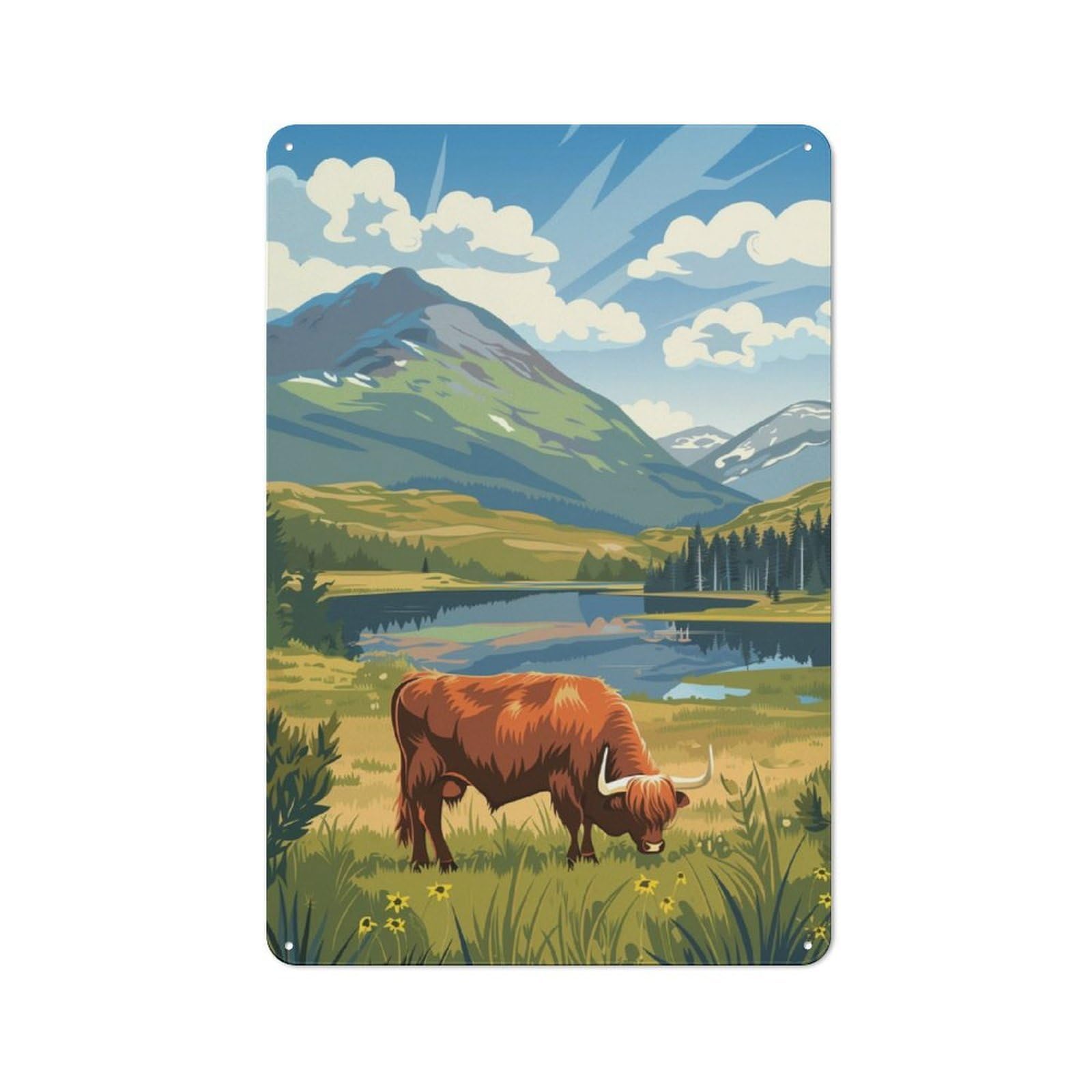 Junmoney Highland Cow In Mountain Landscape 30X20cm Retro Metal Plaque With For Garage Or Workshop, Housewarming Present For People Styling Garage And Workshop
