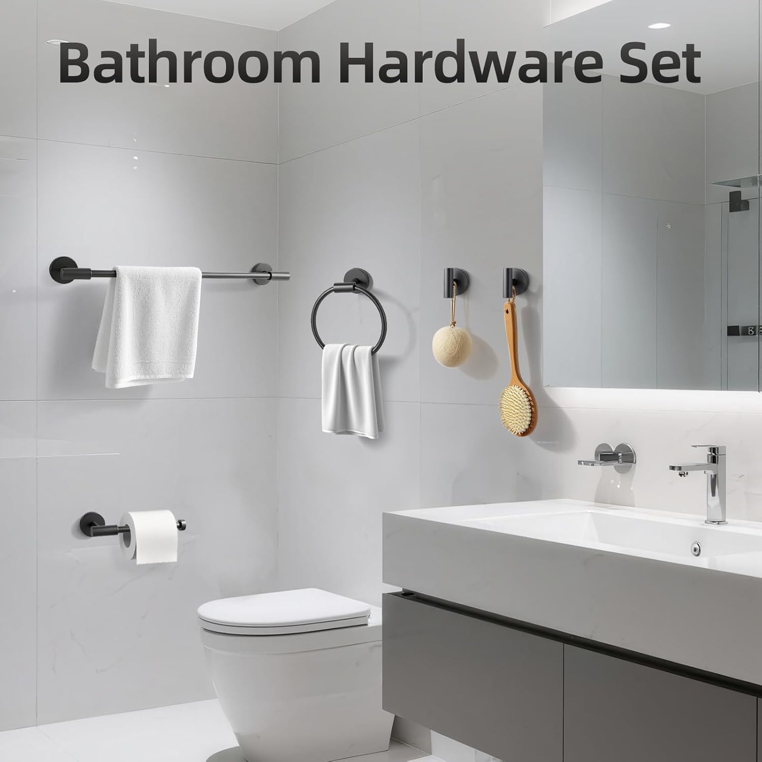 Bathroom Hardware Accessories Set 5 PCS, Matte Black Bathroom Towel Bar Racks Set, SUS304 Stainless Steel Bathroom Fixture Set, 19in Towel Bar Bathroom, Toilet Paper Holder, Towel Hooks, Towel Ring