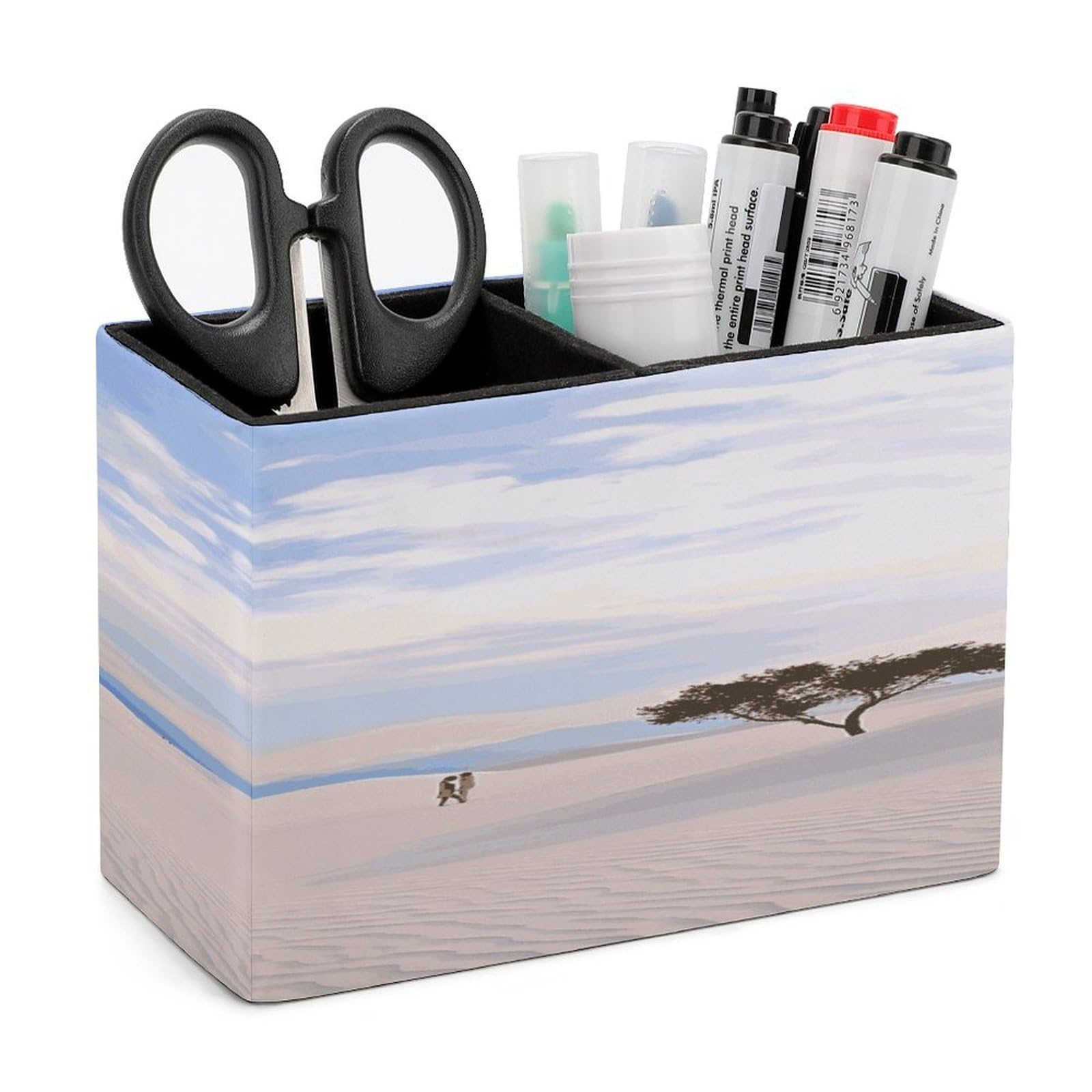 LDGSUPH Romantic White Sand Landscape Leather Pen Holder for Desk Organizer Caddy Large Pencil Cup Multi-function Pencil Holder Makeup Brush Holders Pen Organizer for Home Office Storage Box