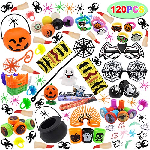 120 PCs Halloween Assortment Party Favors Toys for Halloween Trick or Treat Goody Bags Prizes, Classroom Reward, Miniature Novelty Goodie Bag Fillers, Treasure Chest Toys.