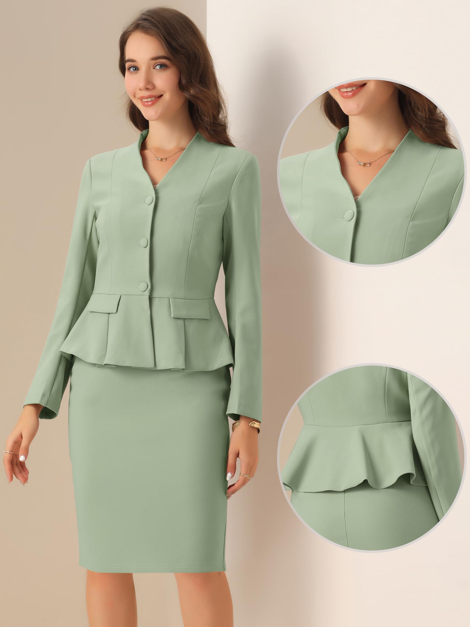 Allegra K Costume d'affaires 2 pièces pour femme - Costume de fête des mères à manches longues sans col - Blazer péplum - Jupes crayon