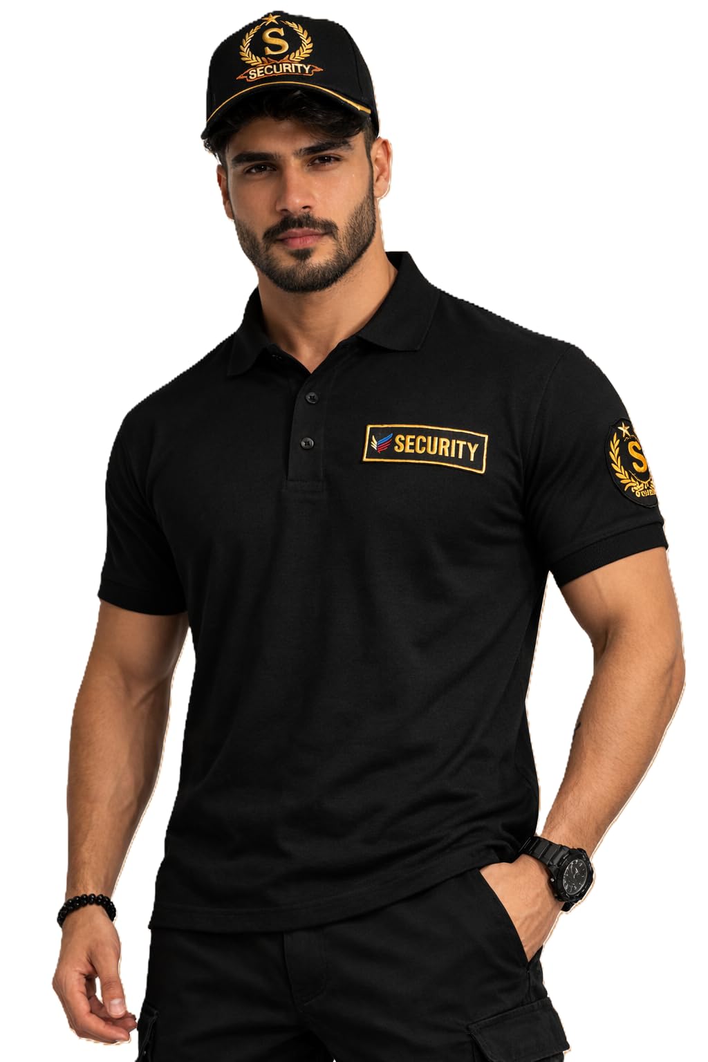 Security Guard Uniform Polo T-Shirt for Men, Black, Short Sleeve with Gold Embroidered Patches-image-47