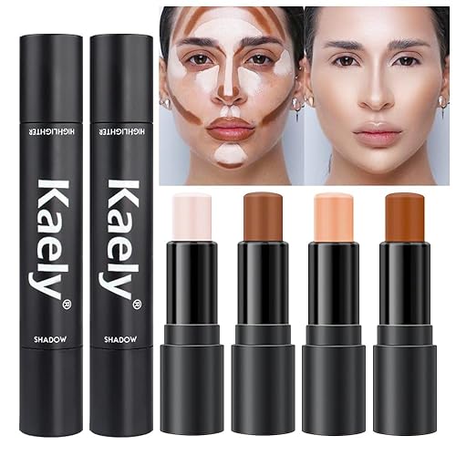 Kaely Paleta de contorno de 4 colores resaltador, kit de paleta de contorno de crema para principiantes, barras de contorno bronceador, contorno