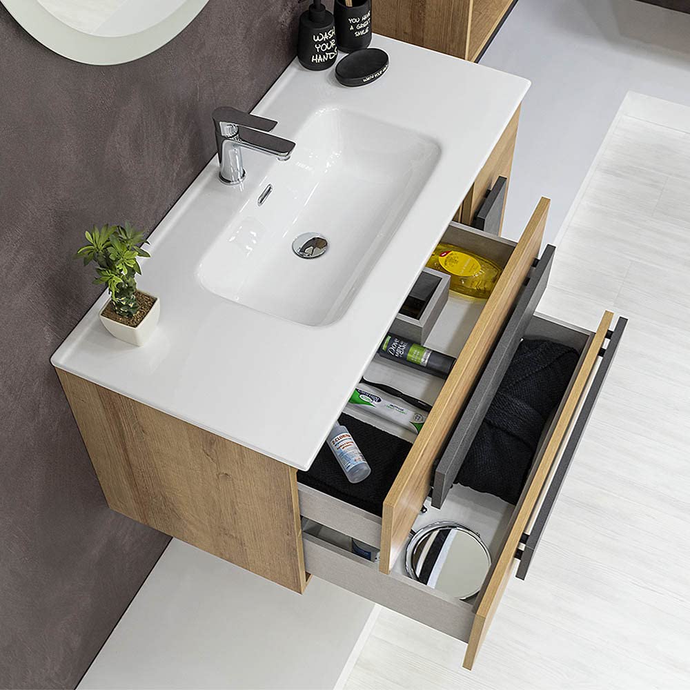Lavabo consolle da Incasso su Mobile, Rettangolare in Ceramica Bianco Lucido, con Foro troppopieno