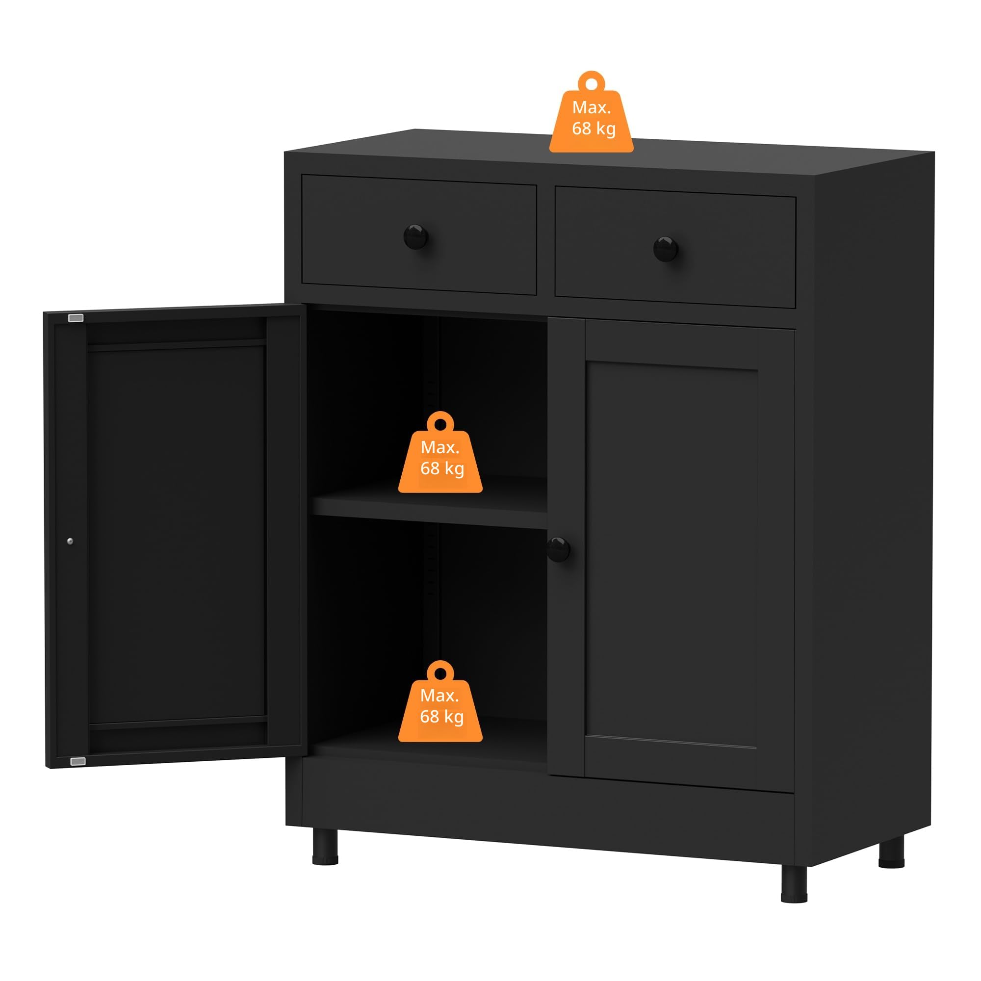 Aktenschrank Büroschrank Lagerschrank Metallschrank Stahlschrank Mehrzweckschrank Buffetschrank Flurschrank, Aufbewahrungsschrank aus Metall mit 2 Schubladen und Verstellbarem Regal (Schwarz)