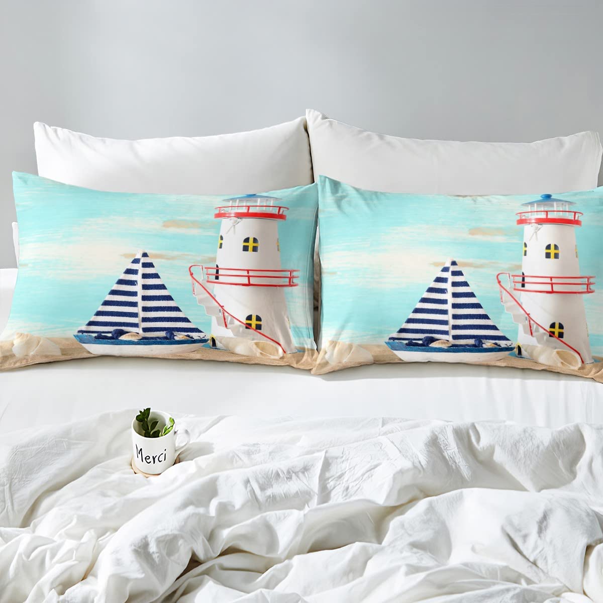 Funda de edredón náutica de mar, funda de edredón temática de playa, juego de ropa de cama de barco de vela a rayas azul marino, súper King, decoración de faro de caracola, funda de edredón de 3