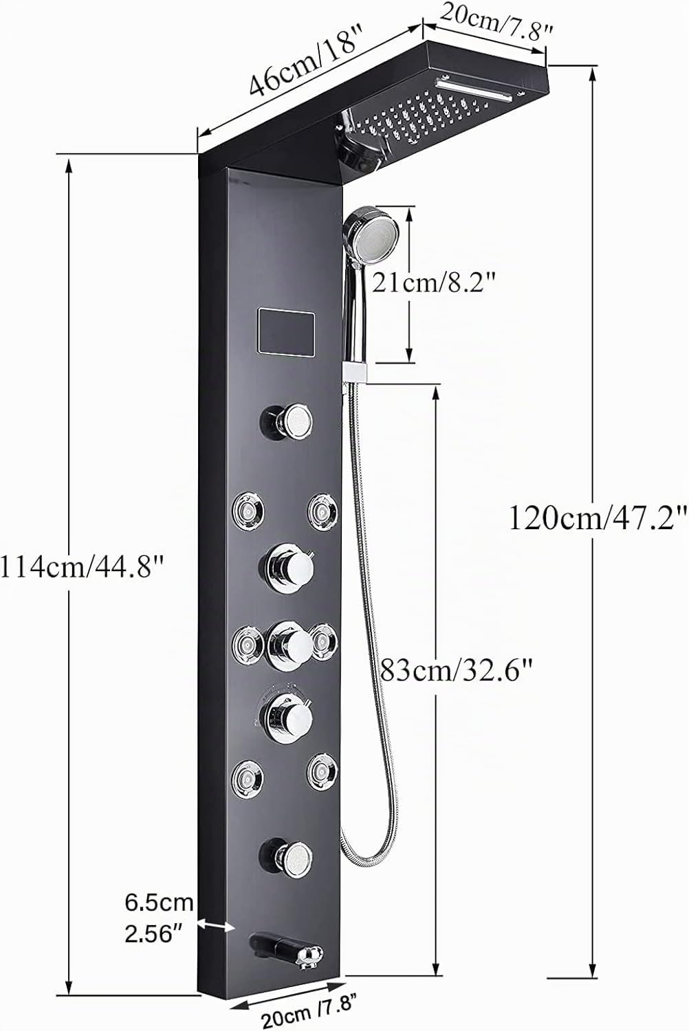 LED Colonne de douche hydromassage en acier inoxydable 304 avec mitigeur de massage, pomme de douche fixe, douche et bouche baignoire 5 fonctions pour salle de bain noire