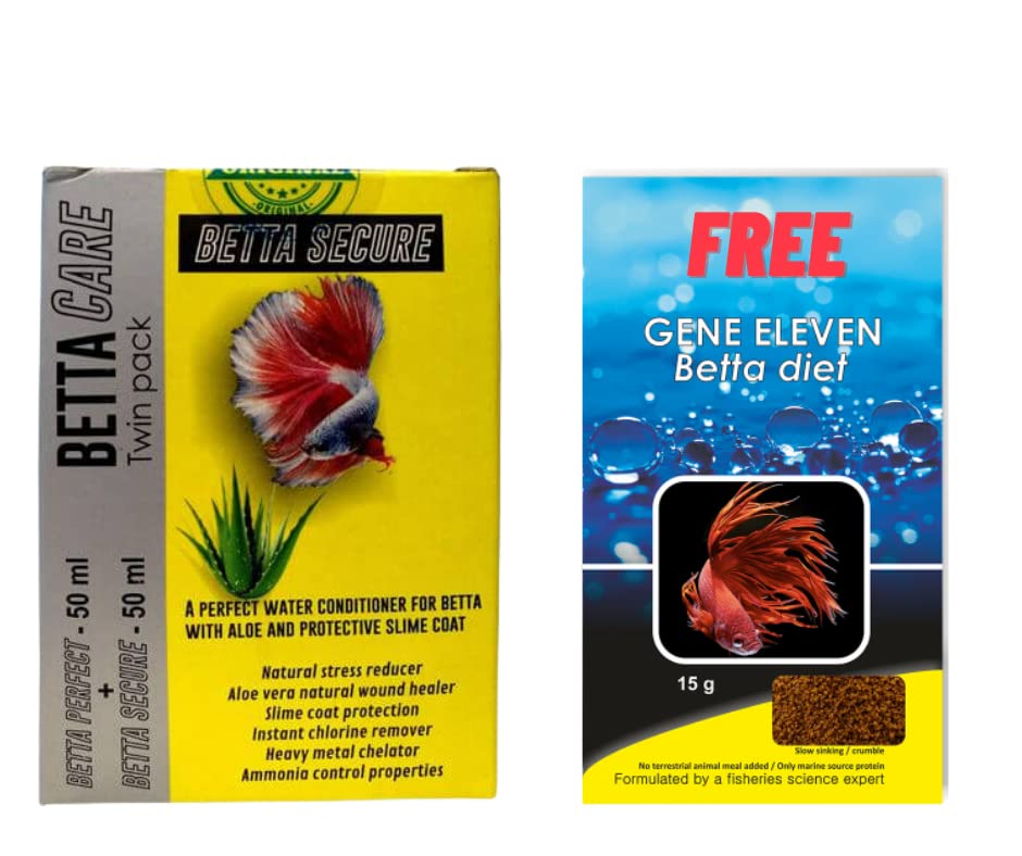 VAYINATO Aquatic Remedies Betta Care Twin Pack(Betta Perfect-50 Ml + Betta Secure-50 Ml)+ With Free Gene Eleven Betta Food,15G |Stress Remover,Aloe Vera Extract + Leaf&Organic Acid Extracts