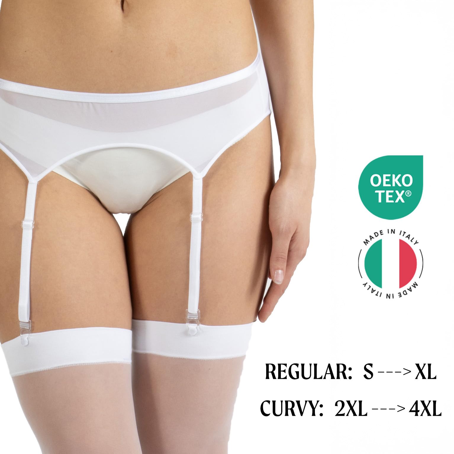 CALZITALY Porte-Jarretelles pour femmes, Lingerie, Jarretelles et jarretières, Noir, Blanc, Naturel, Ivoire, Tailles regular et curvy, MADE IN ITALY (Curvy, Tulle - Blanc)