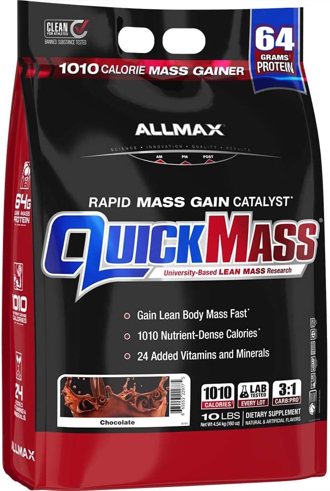 QUICKMASS, Chocolate - 10 lb - Rapid Mass Gain Catalyst - Up to 64 Grams of Protein Per Serving - 3:1 Carb to Protein Ratio - Zero Trans Fat - Up to 70 Servings