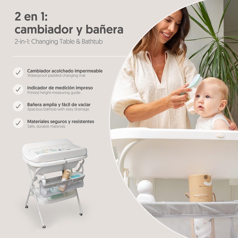 Interbaby Bañera Bebé Cambiador Plegable Patas, Ruedas, Hamaca (Estrellas) | Bañera con cambiador 2 en 1, hamaca anatómica extraíble, patas antideslizantes, altura ergonómica, portátil