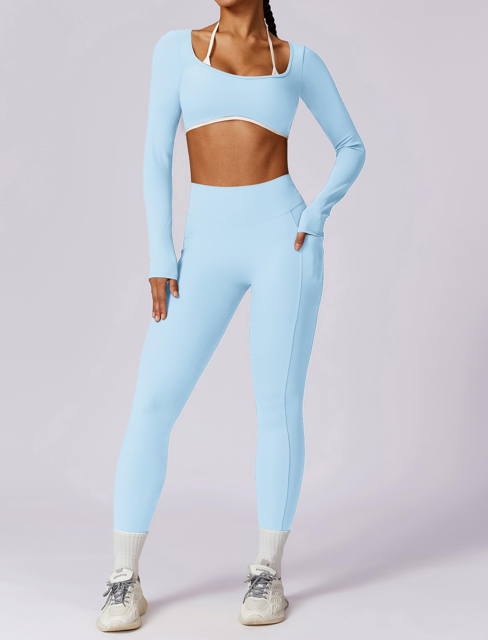 IDOPIP Conjunto de deporte para mujer de manga larga sin espalda: juego de dos piezas para gimnasio, top con copas integradas y leggings de cintura alta con bolsillos, ropa deportiva para fitness