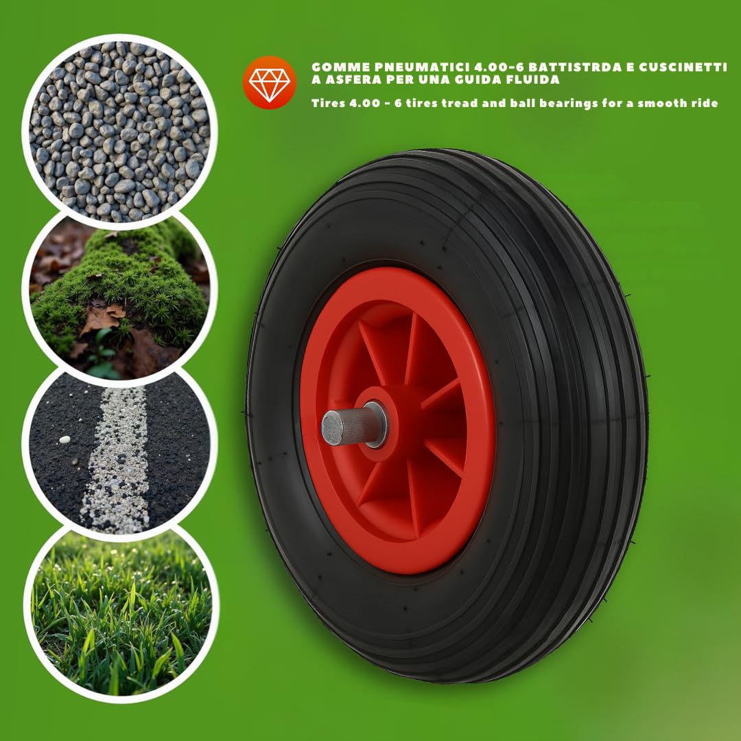 Carriola da Giardino 65L – Telaio in Acciaio Zincato, Ruota Pneumatica 4.00-6 Camera d’Aria, Portata 80kg – Ideale per Giardino,stalla,Cantiere