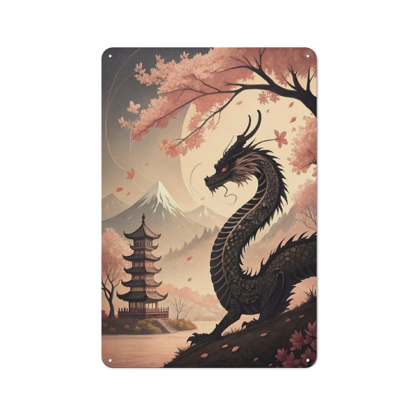 Industrial Dragon with Japanese Landscape Decorative Metal Plaque 30x20cm, Studio Wall Art for Flat, Bar, Studio Or Gallery Wall