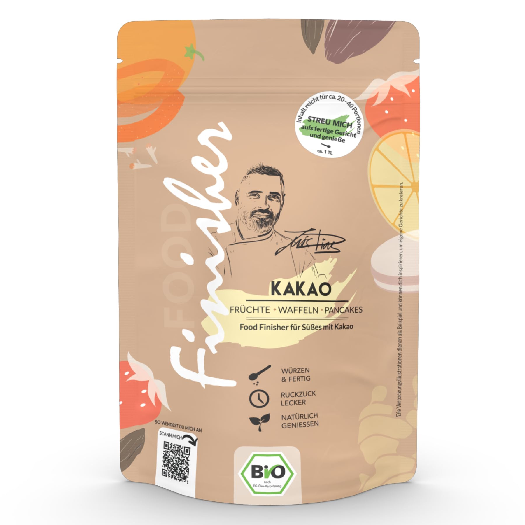 Bio Kakao Food Finisher | 80g Gewürzzubereitung im Standbodenbeutel | Für Früchte, Waffeln, Pancakes, Kuchen, Crêpes | by Luis Dias