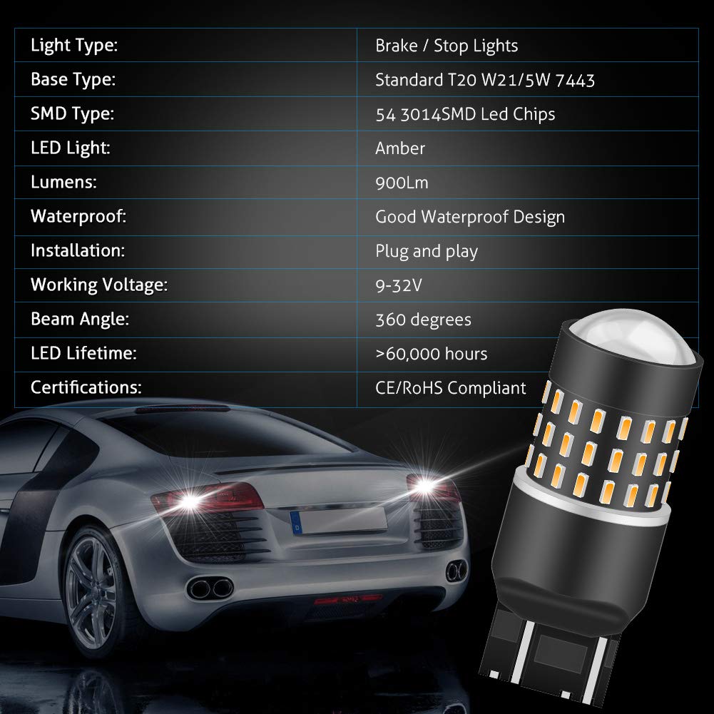 KATUR 7440 7443 7444NA 7441 7444 992 żarówka LED 3014 54 chipsety 650 lumenów zamiennik do kierunkowskazu cofania wstecznego cofania ogona hamowania światła postojowe, bursztynowe (opakowanie 4 szt.)
