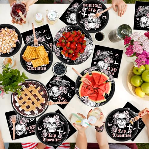 Image of Qyeahkj 100 Pcs 30th Birthday Party Supplies Death to My 20s Paper Plates and Napkins Set Disposable Black Rose Gold Rip to My 20s Tableware Decorations for Women Funeral Youth Party Serve 25 Guests