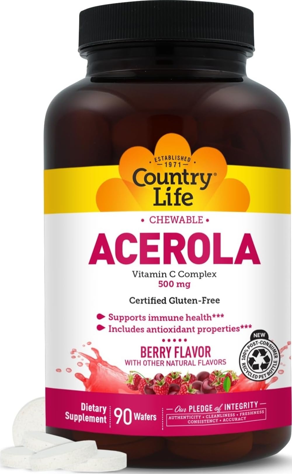 Country Life Acerola Vitamin C Complex 500 mg Chewable Wafers, 90 Count Citrus 90 Count (Pack of 1)